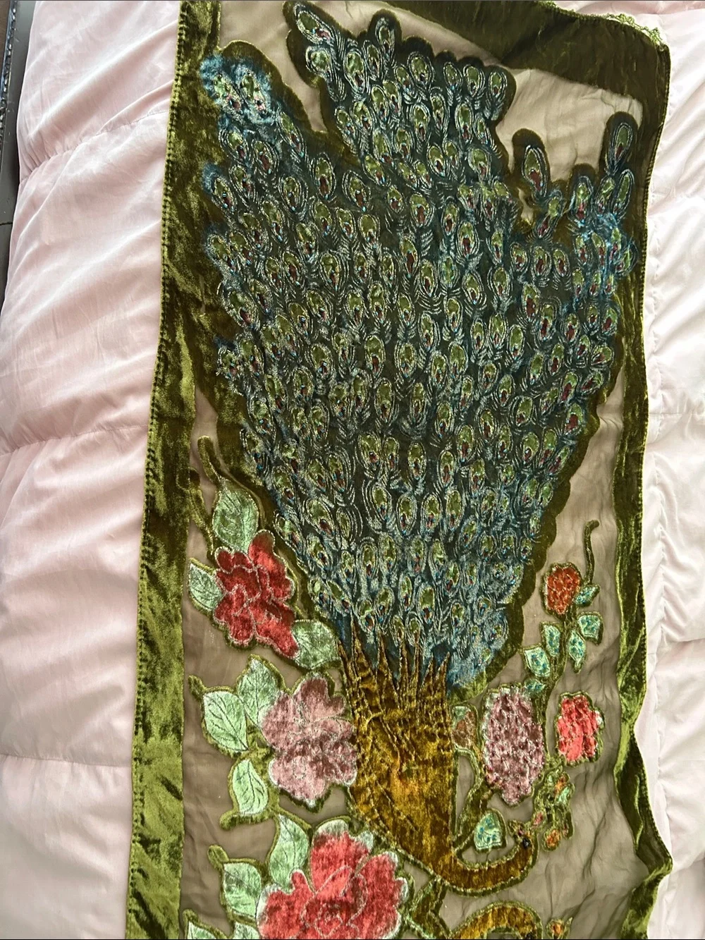 Olive Green Velvet Floral Throw Scarf